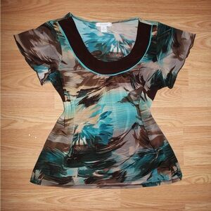 Dressbarn Blue and Brown Flowy Blouse